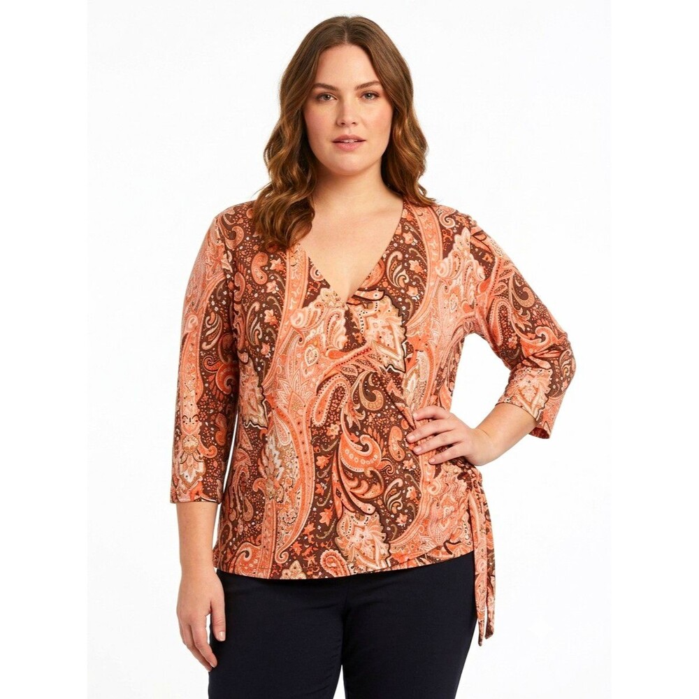 Brittany Black Top 3X faux Wrap V-Neck 3/4 Slv Paisley Orange Sequin Bust 48"
